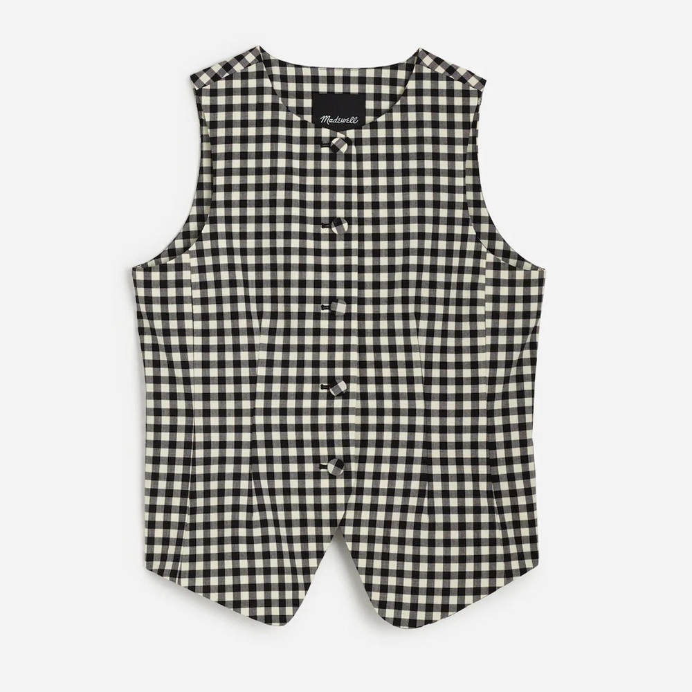 NWT Madewell Single-Breasted Crewneck Vest Gingham black/White viscose/wool Sz 2